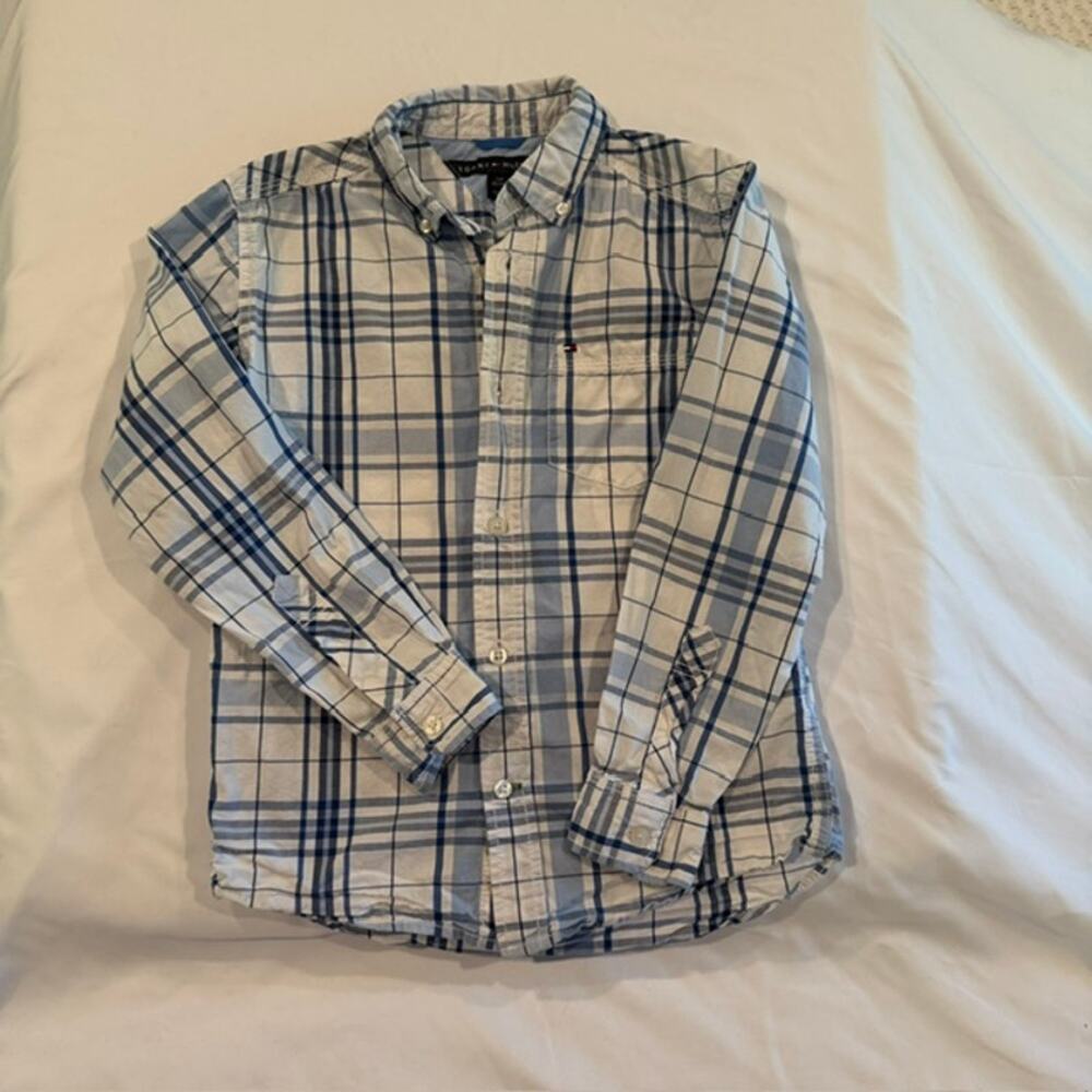 Tommy Hilfiger Boys Size 8/10 Blue White Plaid Button Down Shirt